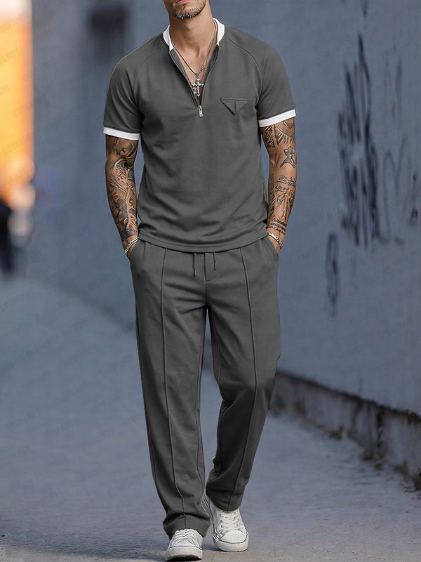 Smart Casual Contrast Color Half Zip T-Shirt Set