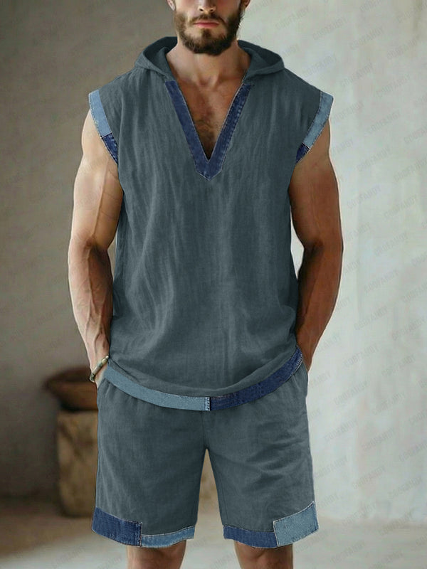 Street Style Denim Patchwork Tank Top and Shorts Set