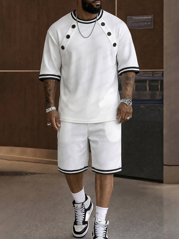 Athleisure Button Detail Ribbed Texture Shorts Set