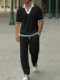 Urban Casual Contrast Color Stripe Trim Polo Pants Set