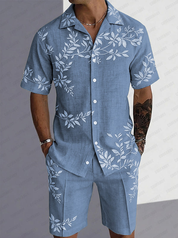 Casual Tropical Leaves Print Shirt and Shorts Set