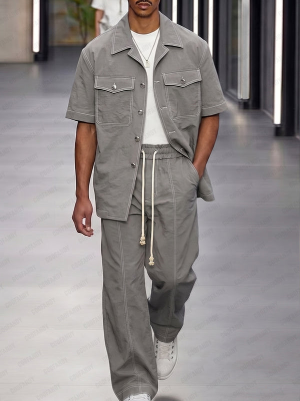 Casual Cuban Collar Utility Shirt Pants Set