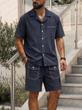 Casual Contrast Stitch Pocket Cotton Shirt Set
