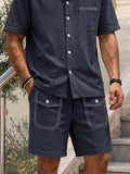 Casual Contrast Stitch Pocket Cotton Shirt Set
