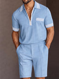 Summer Casual Contrast Stripe Polo Shirt Set