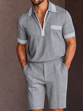 Summer Casual Contrast Stripe Polo Shirt Set