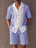 Resort Casual Lace Patchwork Striped Shirt Shorts Set