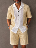Resort Casual Lace Patchwork Striped Shirt Shorts Set