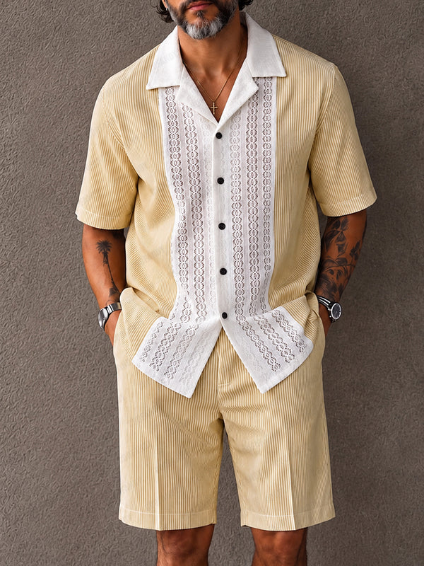 Resort Casual Lace Patchwork Striped Shirt Shorts Set
