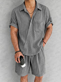 Casual Textured Slant Placket Shirt Shorts Set