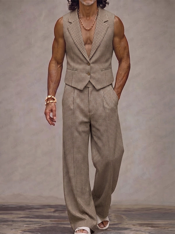 Modern Houndstooth Plaid Suit Vest and Pants Set