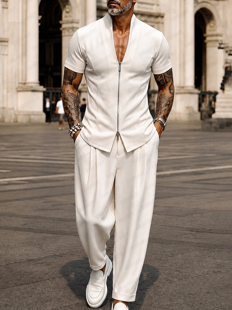 Modern Minimalist Short Sleeve Shirt Pants Set, Khaki / XXXL