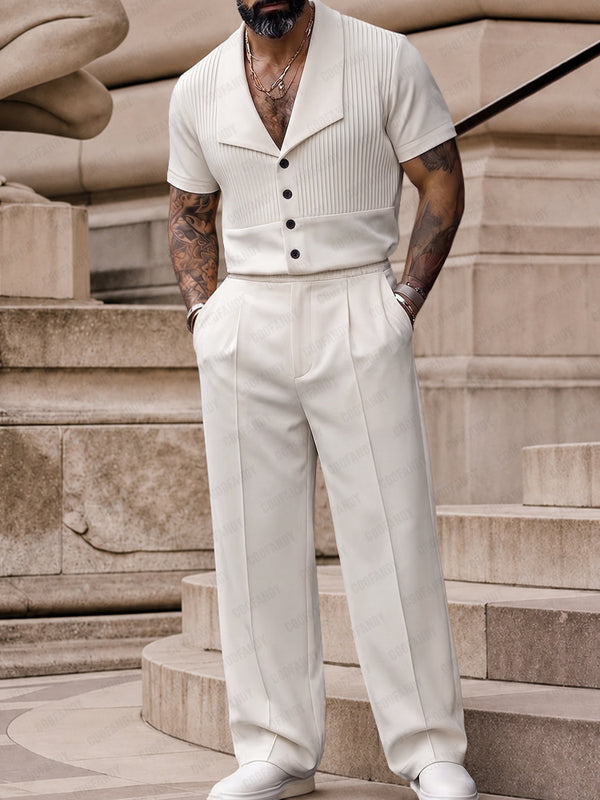 short dress trousers COOFANDY Men's Button-Front Casual Two-Piece Set – Short Sleeve Pleated Top & Relaxed Trousers – COOFANDY