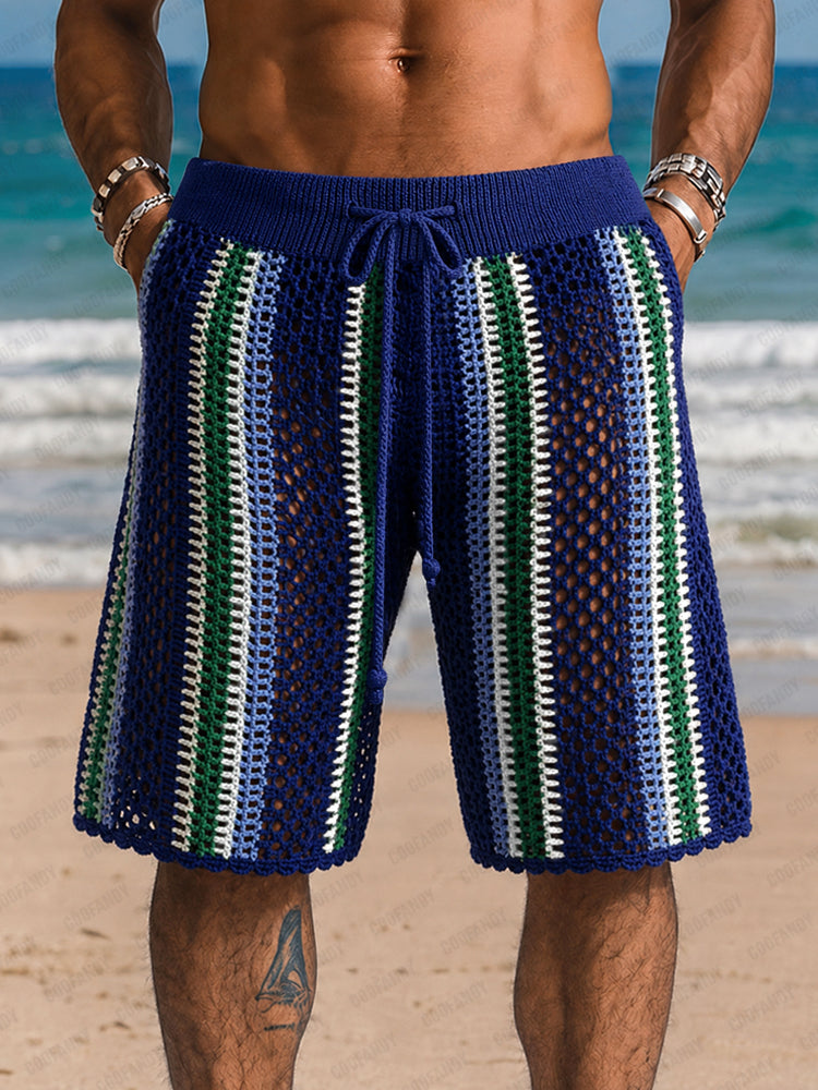 COOFANDY Men?¡¥s Crochet Beach Shorts ¡§C Striped Knit Drawstring