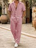 Casual Vertical Stripe Textured Shirt Pants Set