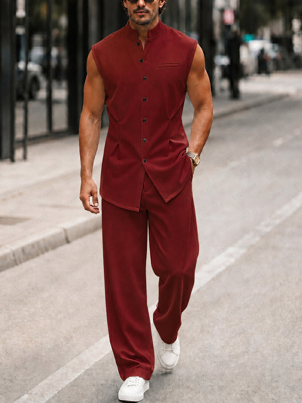 Urban Casual Sleeveless Stand Collar Shirt Set