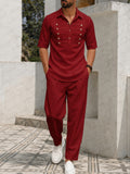 Retro Casual Golden Button Decor Shirt Pants Set