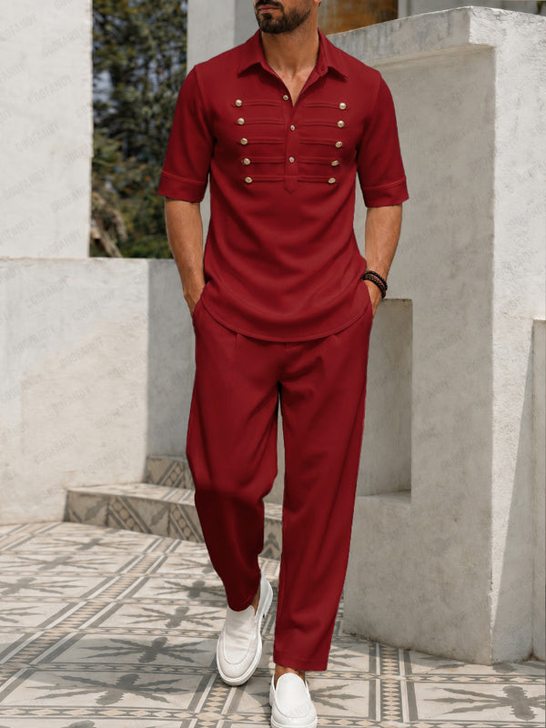 Retro Casual Golden Button Decor Shirt Pants Set