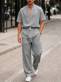 Casual Seersucker Pinstripe Waist Tie Top Pants Set