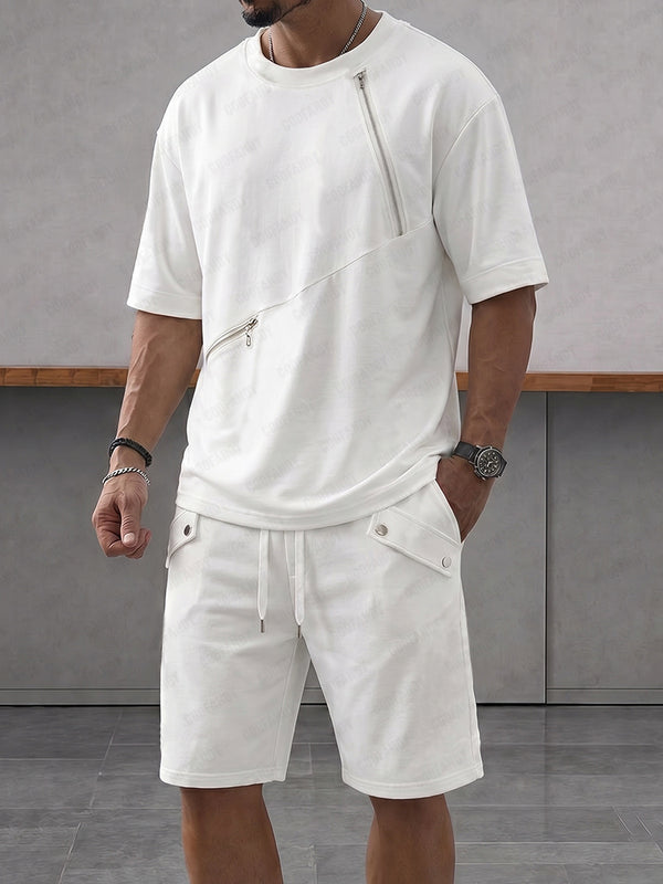 Athleisure Zipper Accent T-Shirt Shorts Set