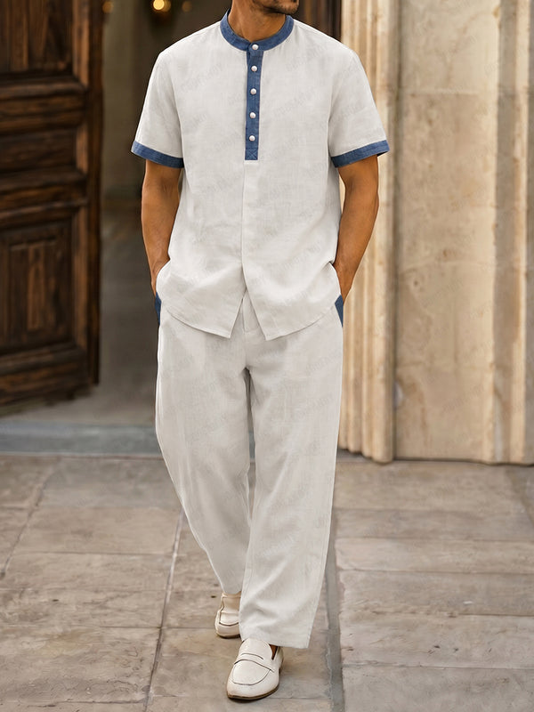 Casual 100% Cotton Contrast Henley Shirt Set