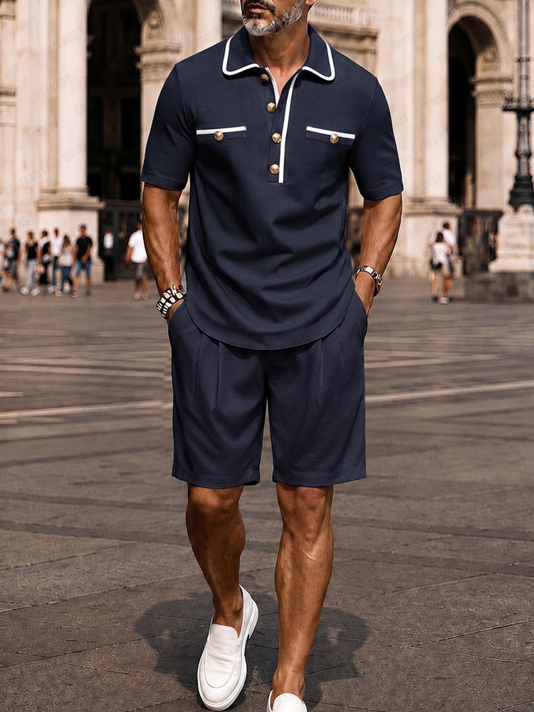 Elegant Contrast Trim Polo Shirt Shorts Set
