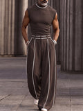 Fashion Contrast Stripe Mock Neck Matching Set