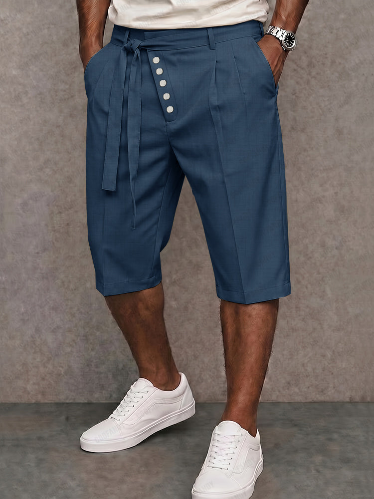Men's Tie Waist Slant Placket Suit Shorts