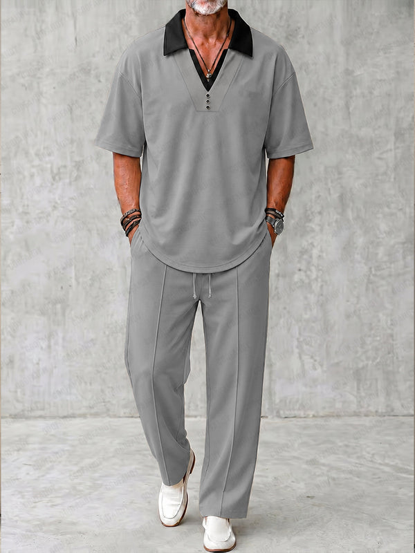 Urban Casual Contrast Collar Shirt Pants Set