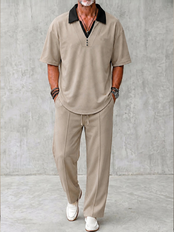 Urban Casual Contrast Collar Shirt Pants Set