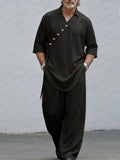 Casual Loose Decorative Slant Placket Pullover Top Pants Set