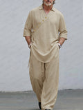 Casual Loose Decorative Slant Placket Pullover Top Pants Set