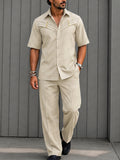 Casual Metal Button Accent Shirt Pants Set