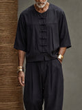 Casual Relaxed Fit Frog Button Shirt Pants Set
