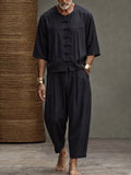 Casual Relaxed Fit Frog Button Shirt Pants Set