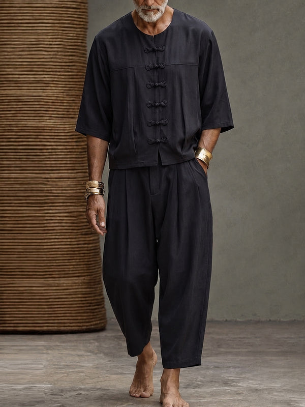 Casual Relaxed Fit Frog Button Shirt Pants Set