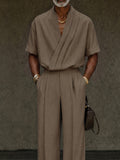 Contemporary Pleated Cross Placket Shirt Pants Set