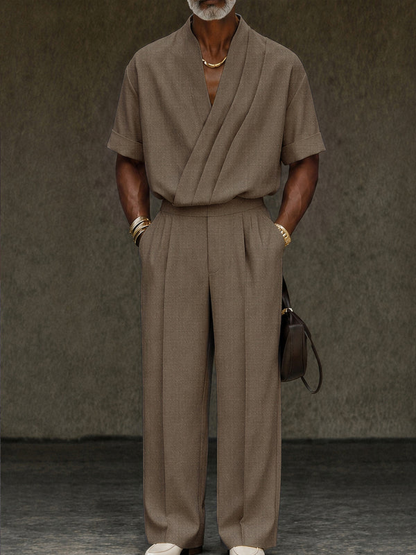 Contemporary Pleated Cross Placket Shirt Pants Set