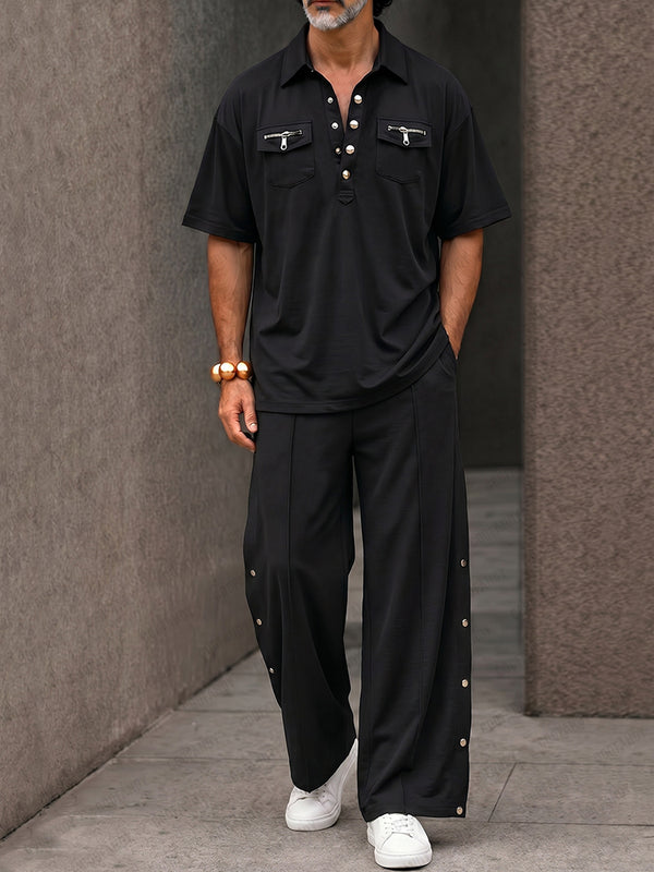 Streetwear Designer Double Pockets Polo Shirt Set