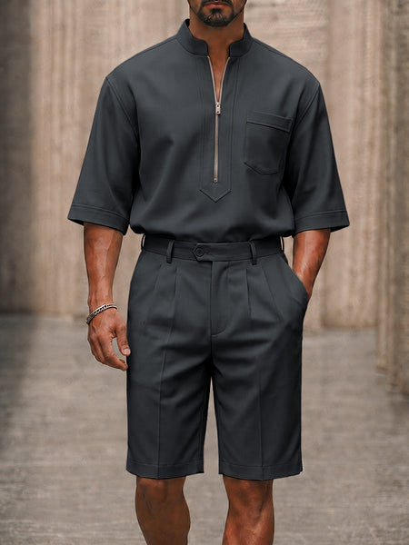 Smart Casual Half-Zip Shirt and Suit Shorts Set | Men's Outfits