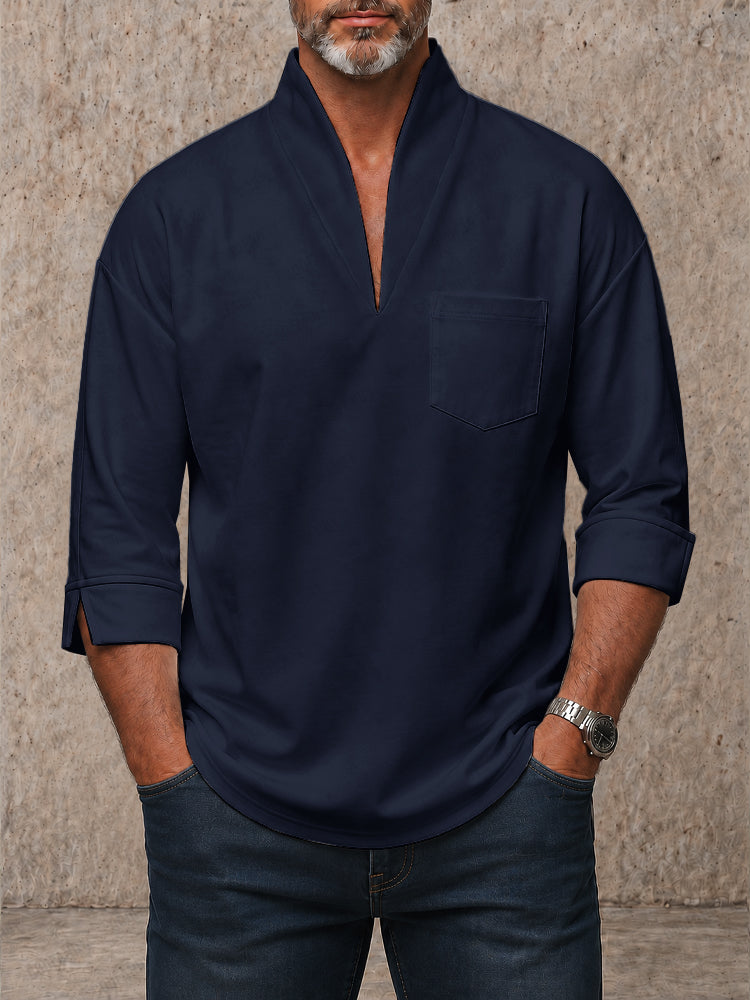 Men's V-Neck Pullover Shirt – 3/4 Sleeve Casual Top with Chest