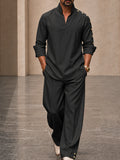Casual Loose Button Accents Sleeve Shirt Pants Set