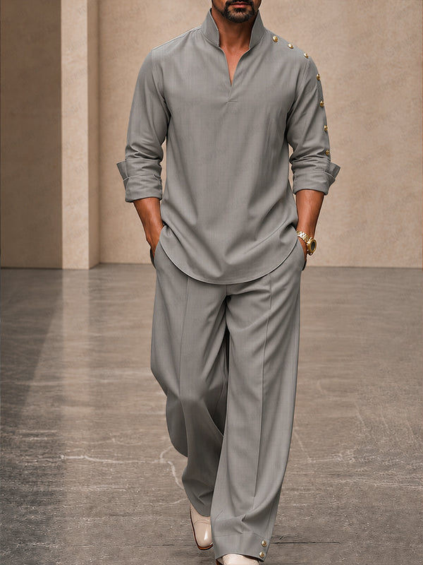 Casual Loose Button Accents Sleeve Shirt Pants Set