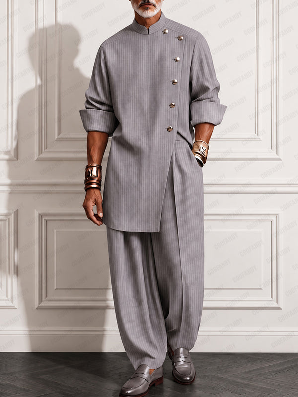 Refined Pinstripe Slit Longline Top Pants Set