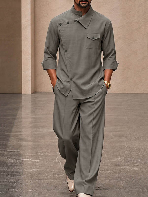Casual Relaxed Fit Diagonal Closure Shirt Set