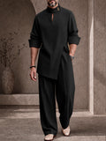 Casual Button-Neck Side Slit Shirt Pants Set