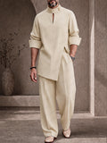 Casual Button-Neck Side Slit Shirt Pants Set