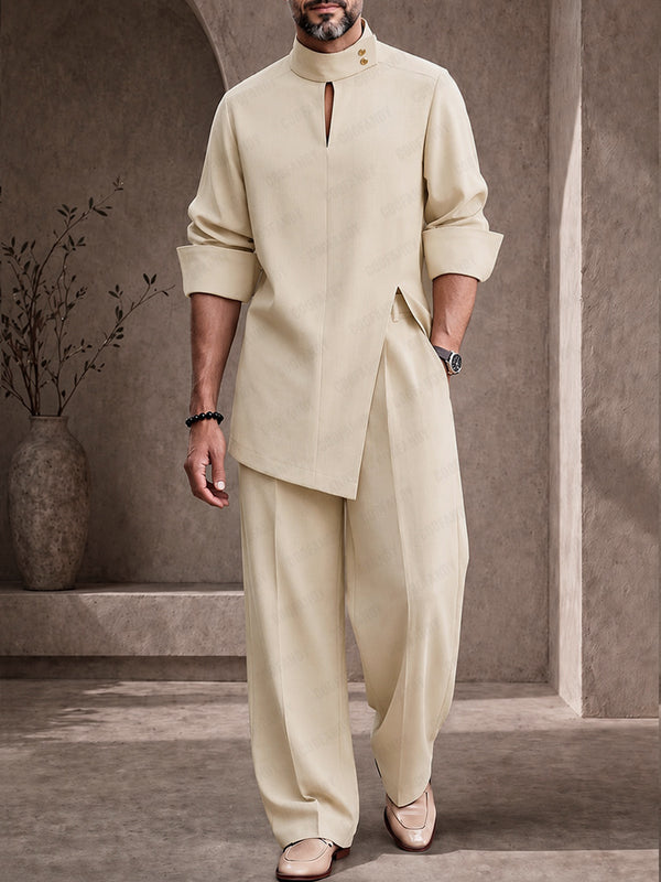 Casual Button-Neck Side Slit Shirt Pants Set