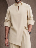 Casual Button-Neck Side Slit Shirt Pants Set