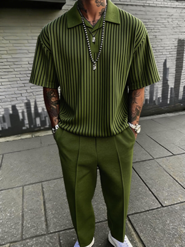 Vertical Striped Polo Shirt and Trousers 2 Piece Set